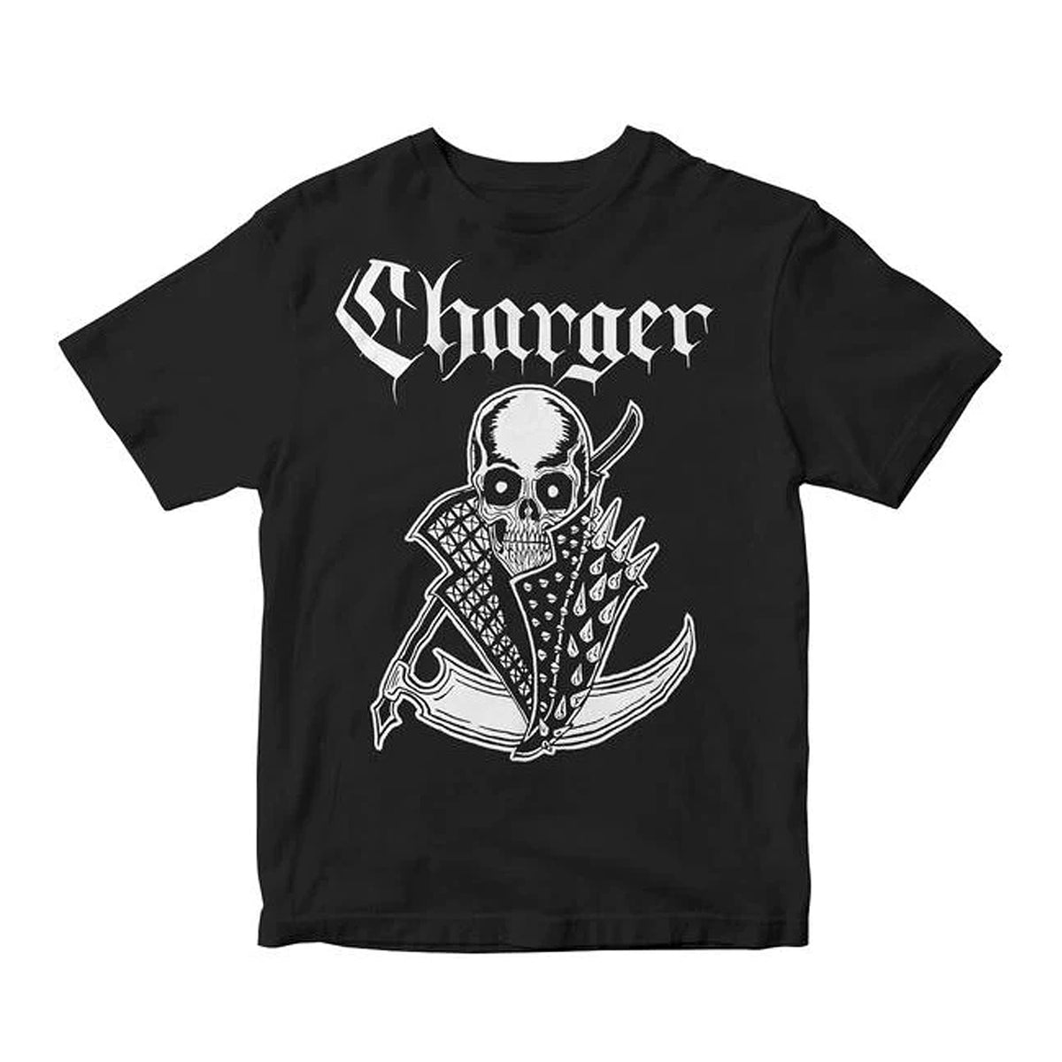 A black Charger T-shirt features a bold gothic Charger logo above a striking scythe and skull in a spiked jacket, all printed on the premium Next Level 3600 tee.