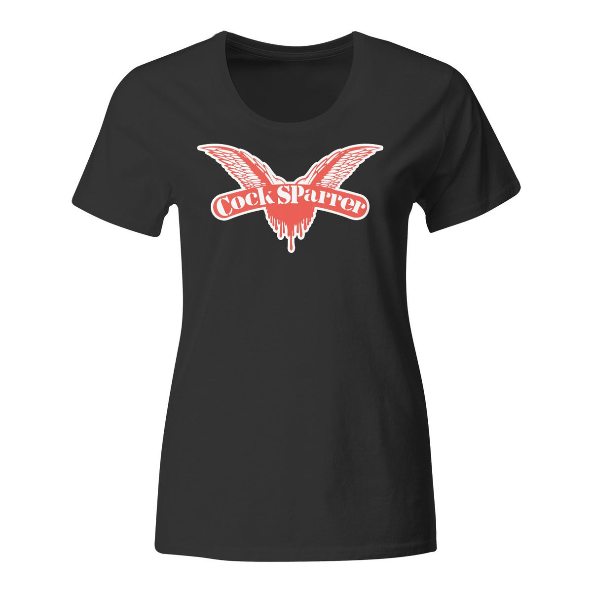 Black Cock Sparrer Next Level T-shirt featuring a red and white stylized wing graphic and the band&#39;s name across the chest—a must-have fitted tee for fans.