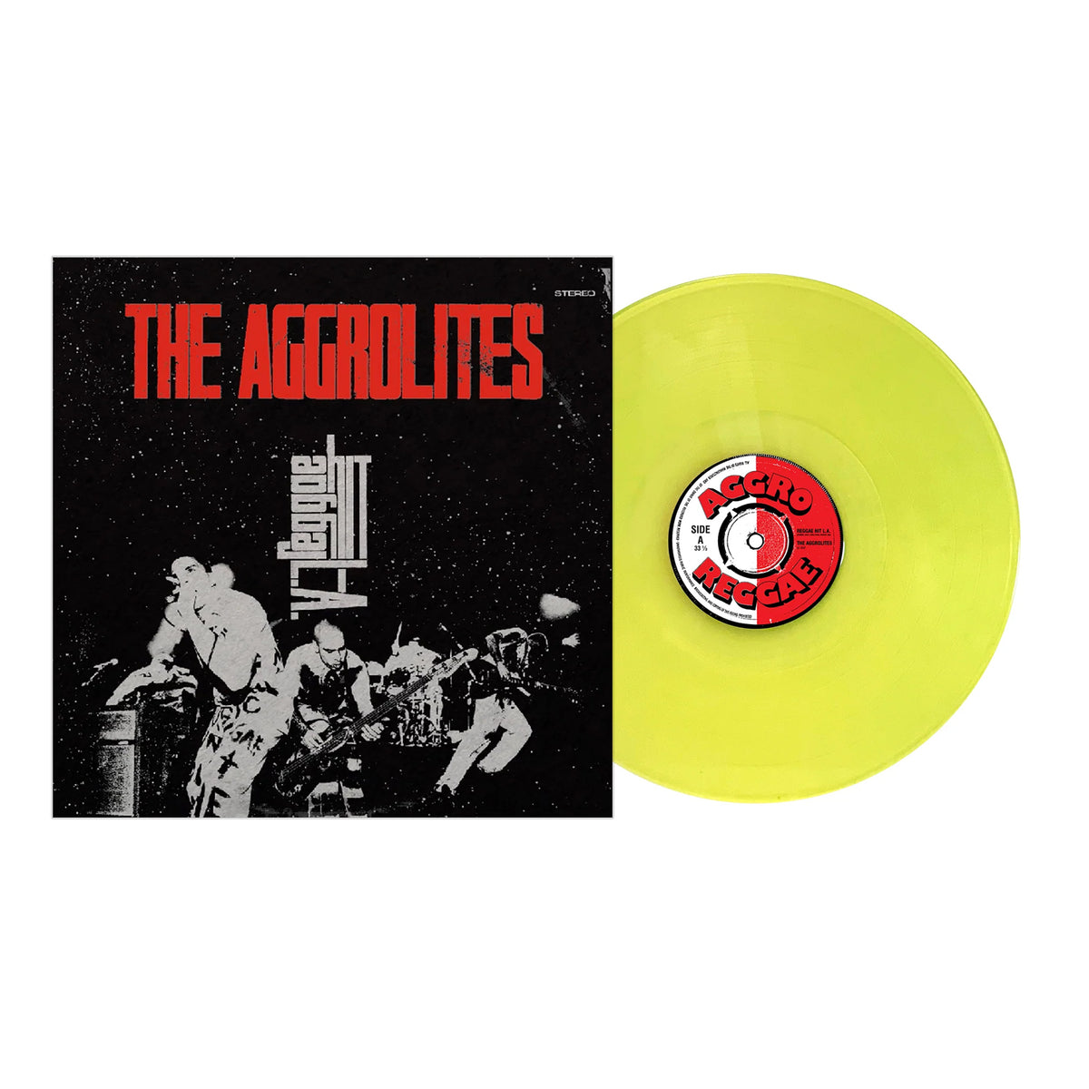 An album cover for The Aggrolites’ Free Time features bold red text and a black-and-white band photo. Next to it is a yellow Pirates Press Records vinyl with a center label reading Aggro Reggae in red, white, and black.