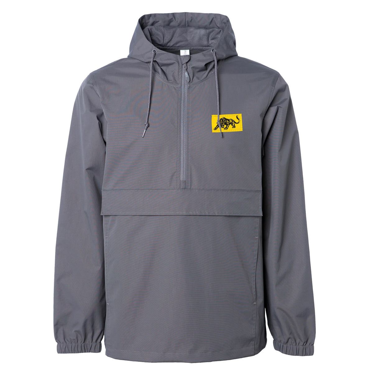 A gray weatherproof anorak from The Aggrolites features a hood, front half-zip, large pocket, and elastic cuffs. A small yellow patch with a black tiger design decorates the left chest, adding character to this windbreaker.