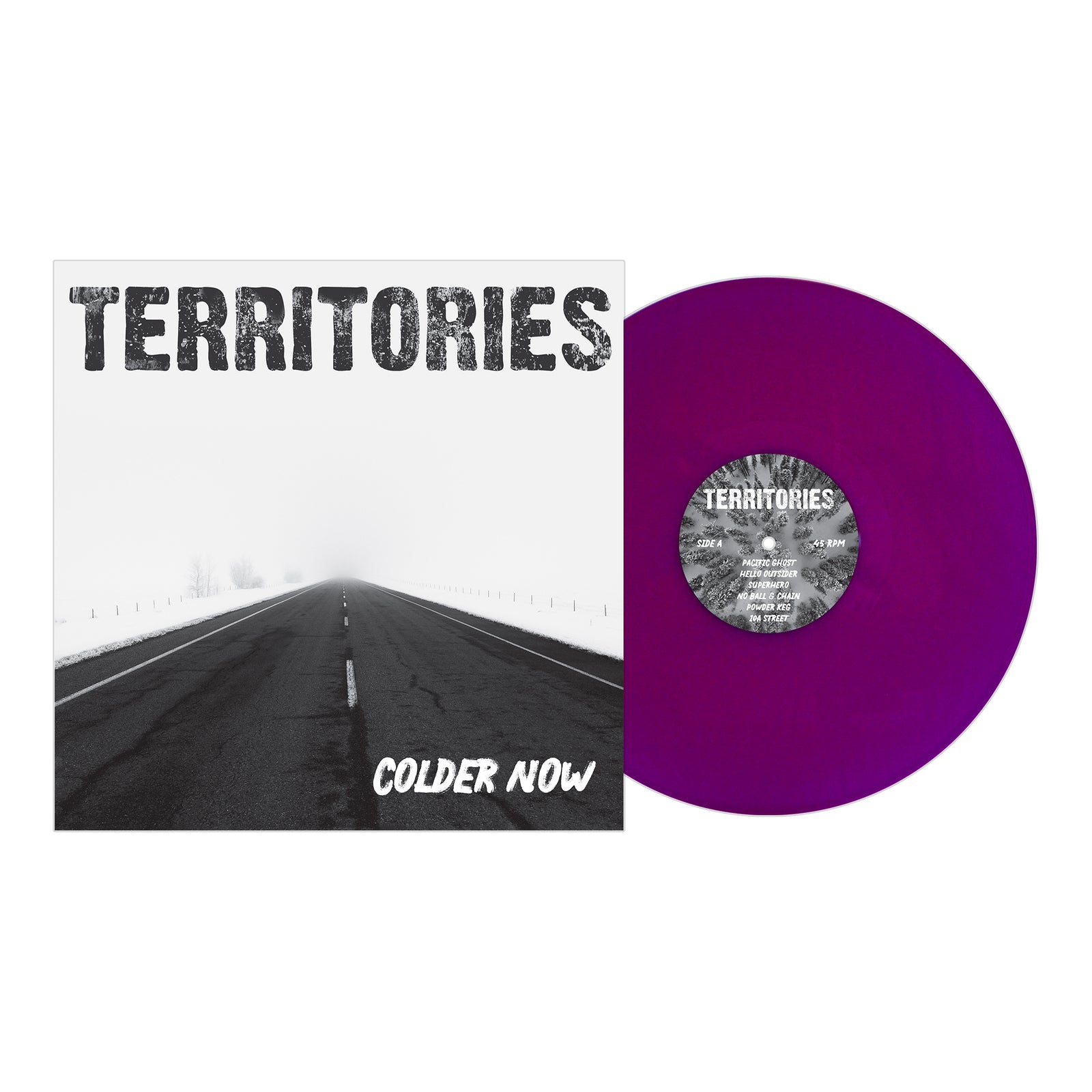 Square album cover for Territories' Colder Now album shows a foggy, empty road with "TERRITORIES" and "COLDER NOW." A purple Pirates Press Records vinyl is partially visible beside the cover.