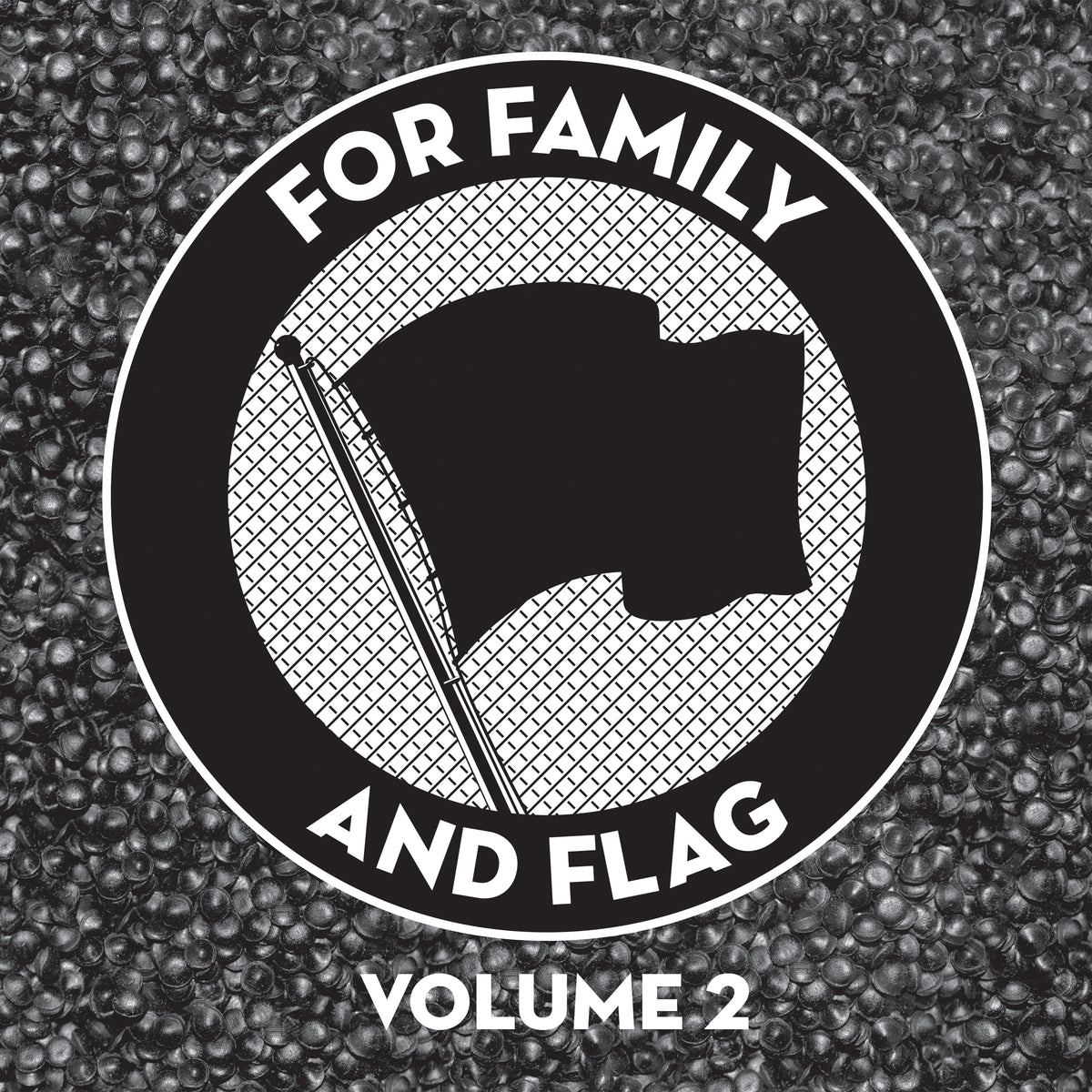A circular black and white emblem with a stylized flag and the words FOR FAMILY AND FLAG captures punk spirit. VOLUME 2 appears below. The textured background channels the raw energy of Pirates Press Records.