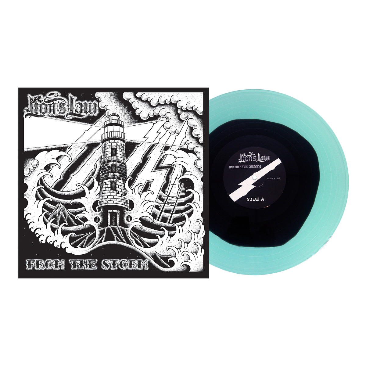 A turquoise vinyl record partly out of its sleeve, which displays a black-and-white lighthouse scene with waves and lightning, plus the Lions Law brand name and From The Storm on the cover.