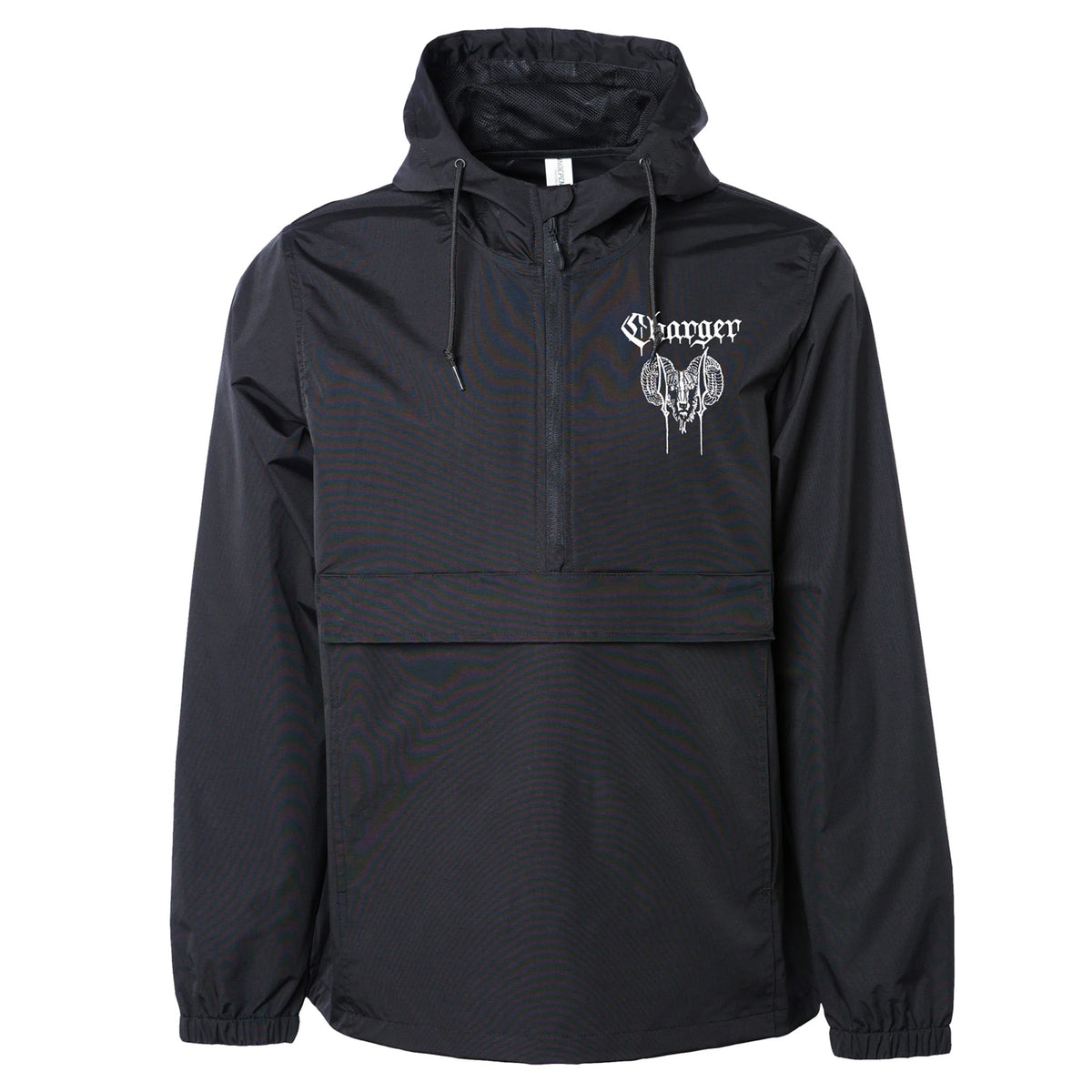 Black weatherproof hooded anorak by Charger with front zipper, large pocket, and white logo graphic of Granger text above a skull on the left chest. Inspired by the classic Charger windbreaker style.