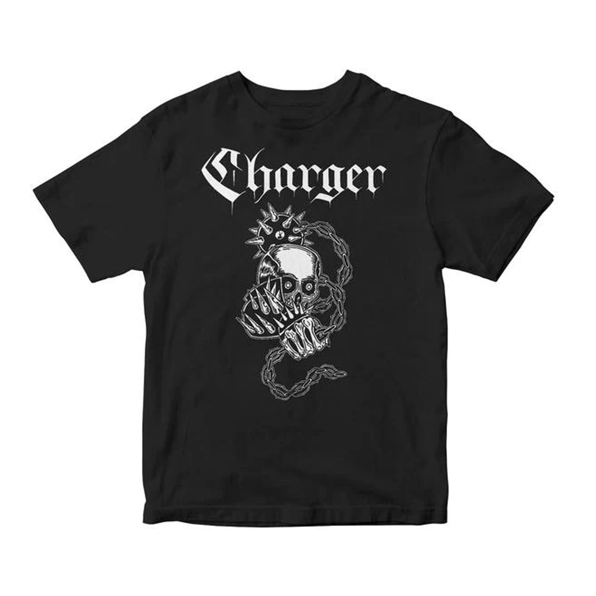 Unisex black Charger T-shirt with bold white “Charger” text above a skull gripped by skeletal hands, sunburst, and chain graphics. Printed on premium Next Level 3600 for comfort and style.
