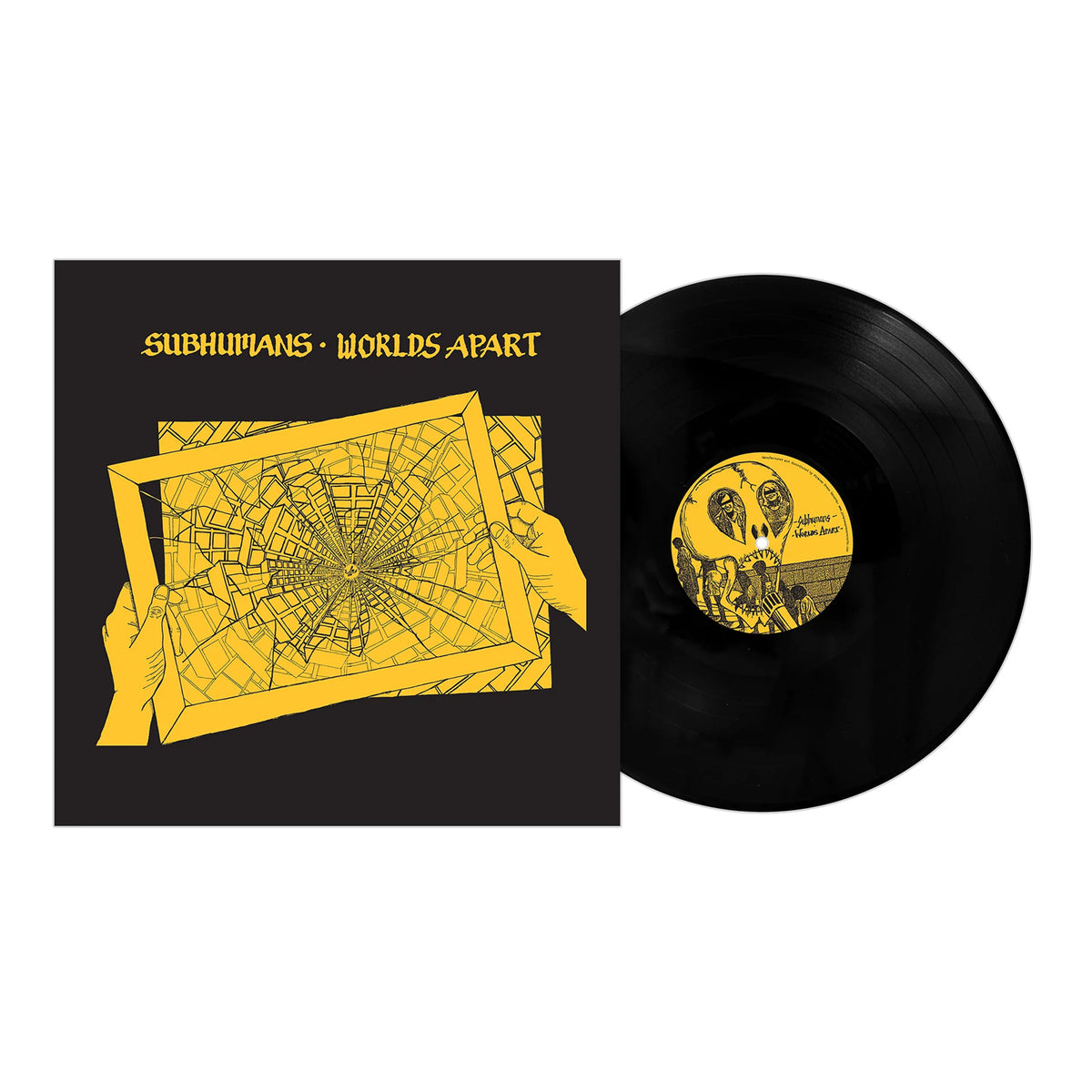 A vinyl record and its yellow and black cover from Subhumans. Two hands hold a frame over a web-like design, with the album title Worlds Apart in yellow at the top—a classic release from the UK anarcho-punk band Subhumans.