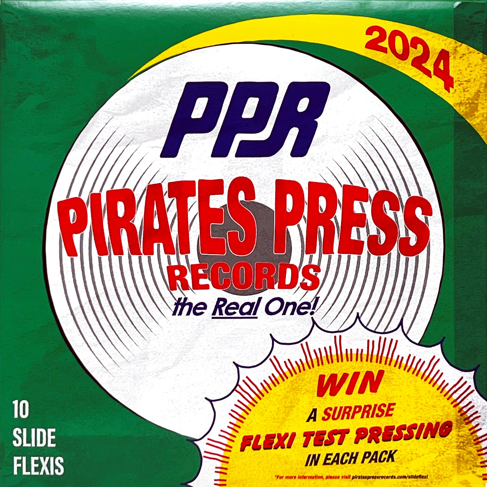 A vibrant 2024 Pirates Press Records package displays bold text and a vinyl record graphic, announcing a chance to win a surprise flexi test pressing. “10 SLIDE FLEXIS” appears in the corner, plus collectible picture flexis.