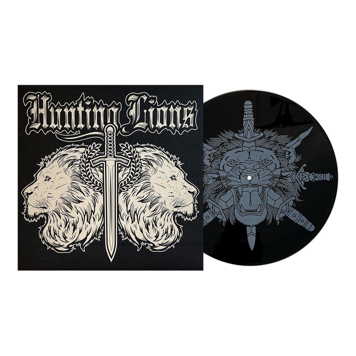 Black vinyl record and album cover by Hunting Lions, featuring illustrated lions and a sword under gothic text. Essential punk rock collectible from the San Francisco Bay Area scene.