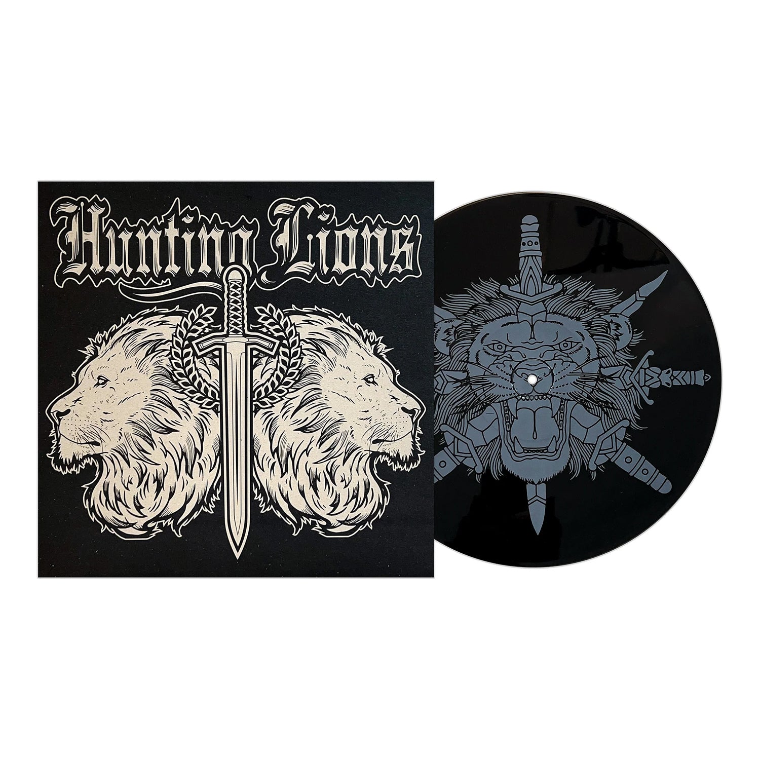 Black vinyl record and album cover by Hunting Lions, featuring illustrated lions and a sword under gothic text. Essential punk rock collectible from the San Francisco Bay Area scene.