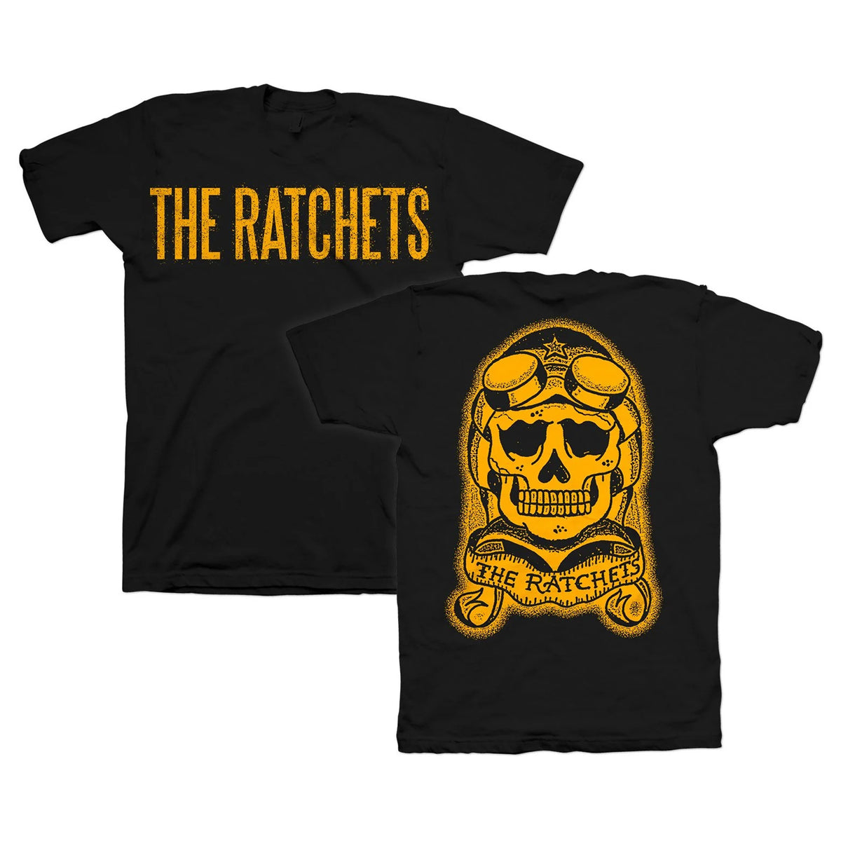 Black unisex Ratchets T-shirt featuring THE RATCHETS in bold yellow text on the front. The back displays a skull logo with goggles and helmet above a stylized THE RATCHETS banner.
