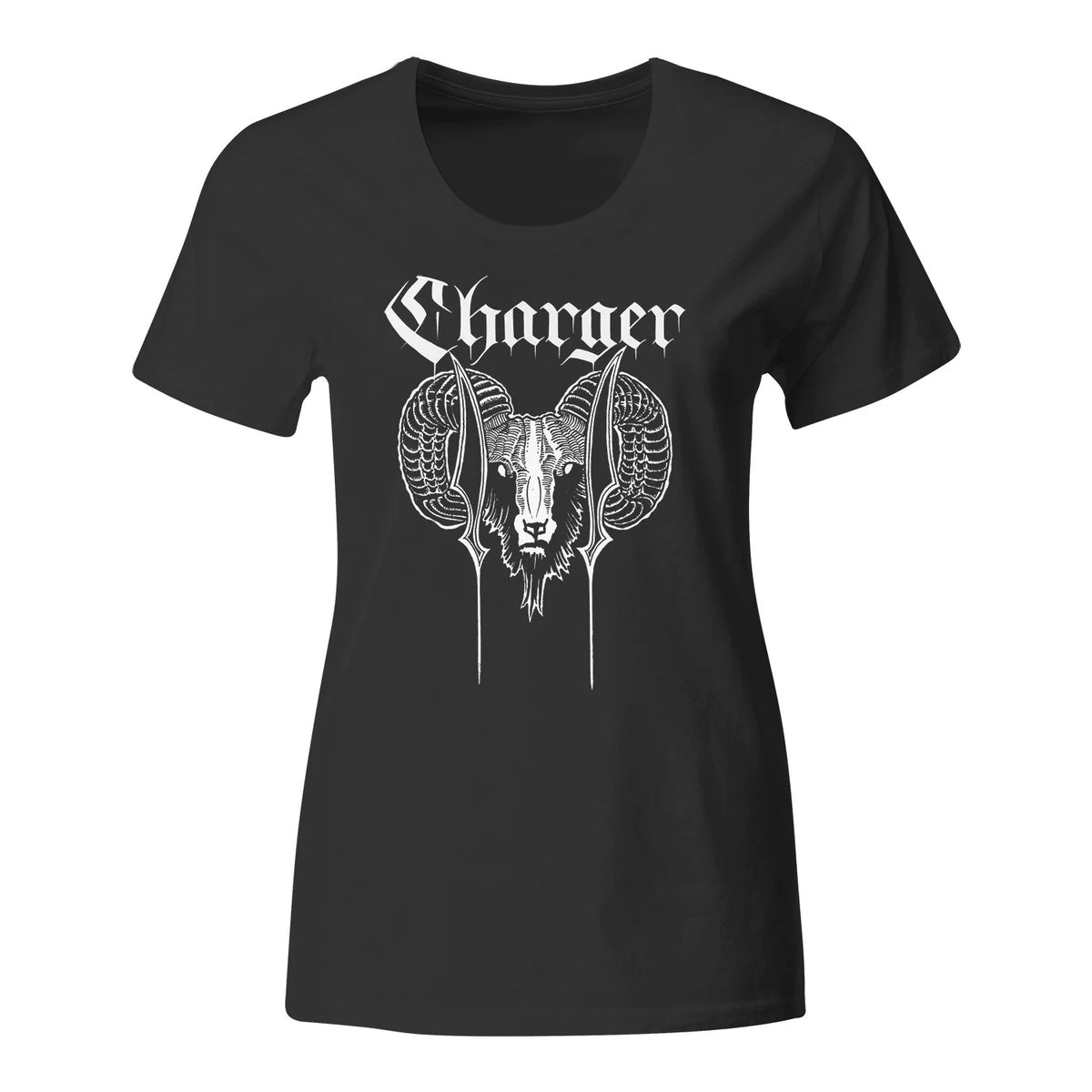Black fitted Charger brand T-shirt with Charger in a gothic font above a detailed Ram design featuring large, curved horns and ornate, symmetrical patterns.
