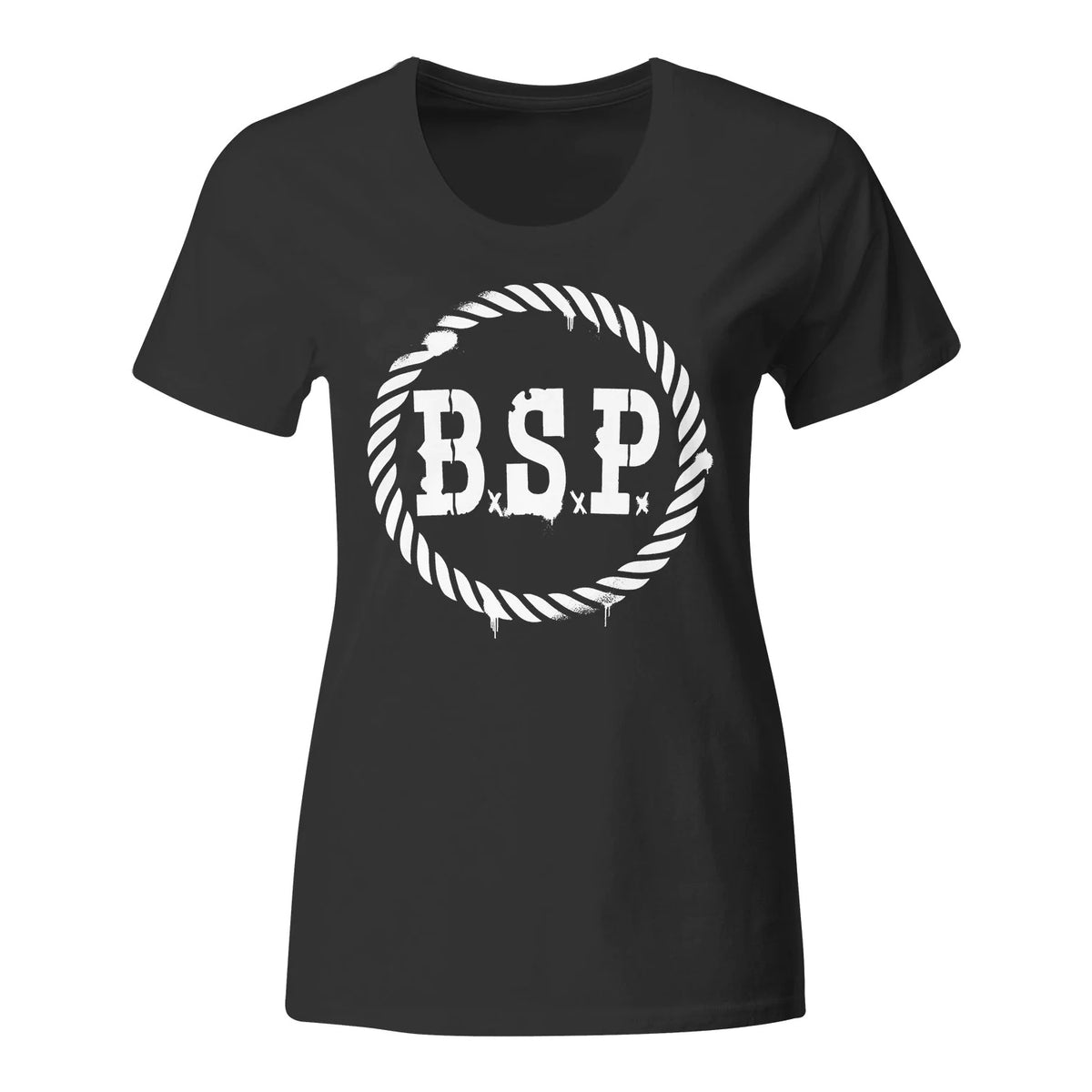 Black fitted T-shirt featuring a white rope circle graphic with a bold, distressed BSP Stencil inside—perfect for fans of The Bar Stool Preachers.