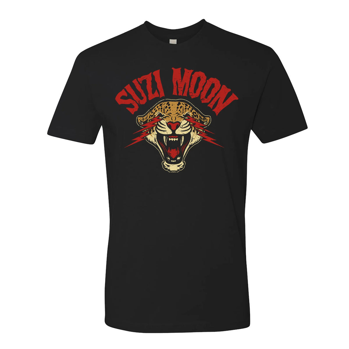 The Suzi Moon black T-shirt features SUZI MOON in red above a colorful, illustrated snarling leopard head. This bold and eye-catching tee showcases vibrant multi-colored ink on premium fabric.