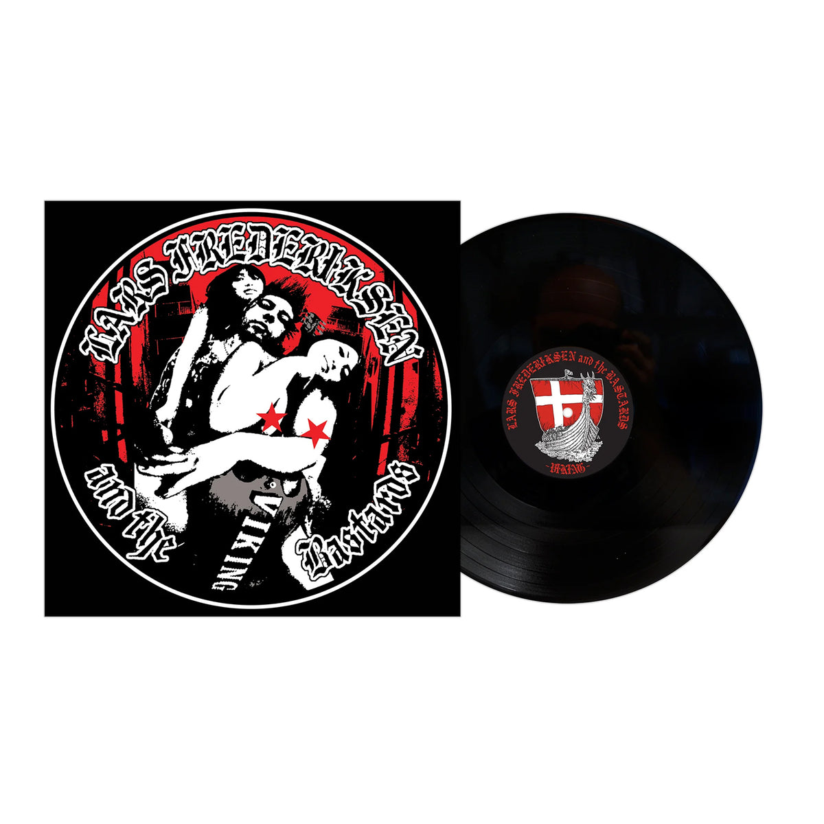 A black vinyl record beside its cover, which displays striking red, black, and white art of a Viking-like figure carrying another, with text: Lars Frederiksen &amp; The Bastards on Hellcat Records. Brand: Lars Frederiksen &amp; The Bastards.