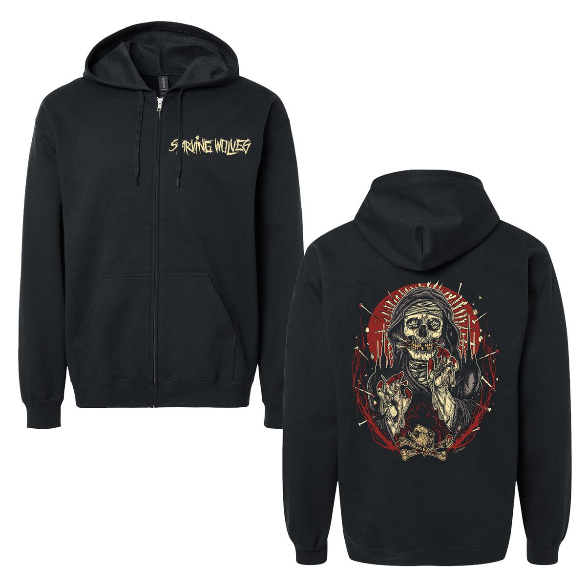 Black Starving Wolves Gildan Soft-Style zip-up hoodie featuring So Ring Wolves text on the front left chest. The back displays a skull graphic with roses, barbed wire, and a skeletal hand set against a striking red background.