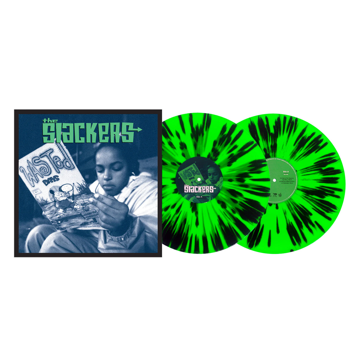 The image shows a vinyl record labeled &#39;The Slackers&#39; with a neon green color and black splatter design. The record comes with a sleeve featuring an album cover with a photo of a person holding a record.