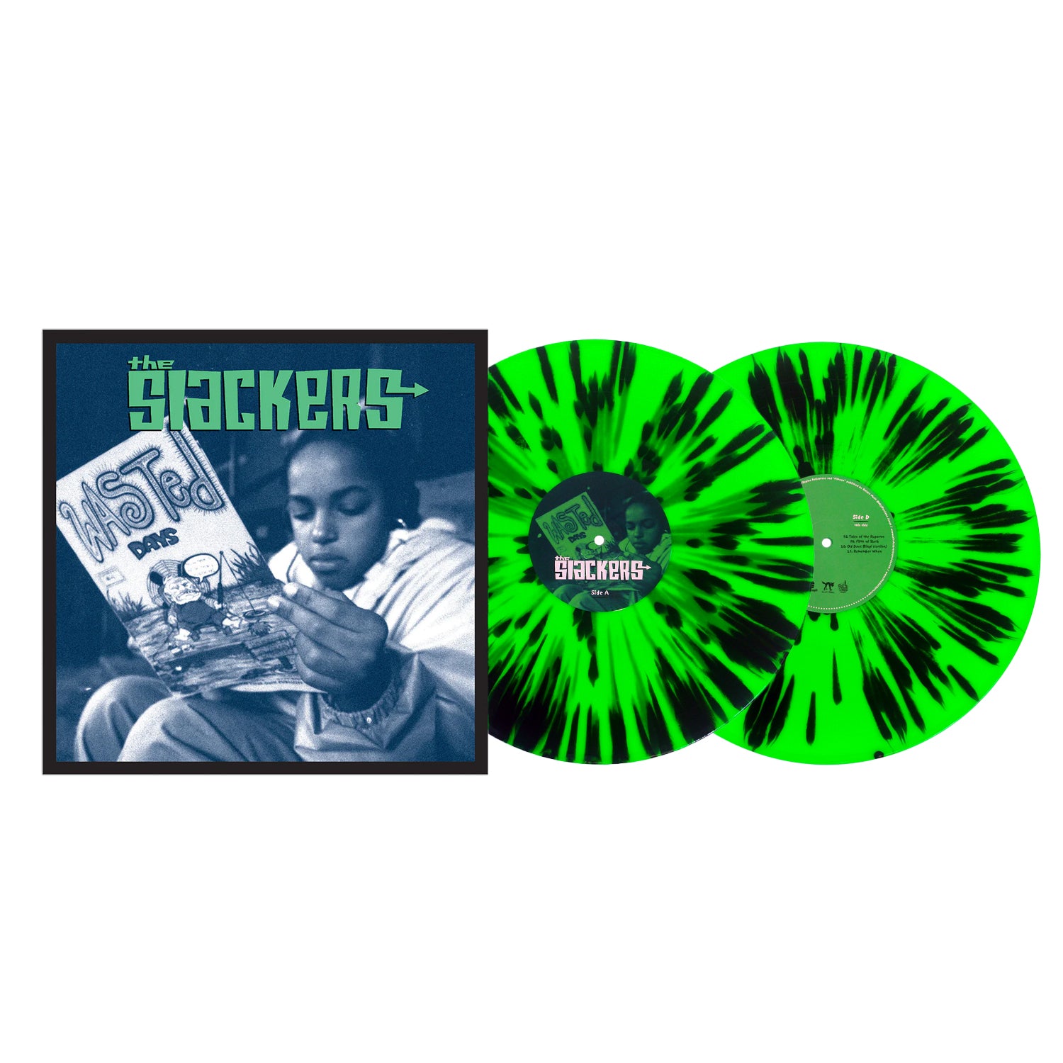The image shows a vinyl record labeled 'The Slackers' with a neon green color and black splatter design. The record comes with a sleeve featuring an album cover with a photo of a person holding a record.