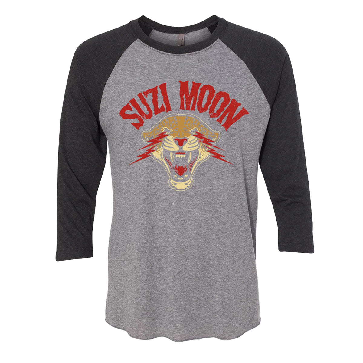 A gray and black baseball tee by Suzi Moon featuring bold red SUZI MOON text over a roaring tiger cat with vivid red lightning bolts shooting from its eyes.