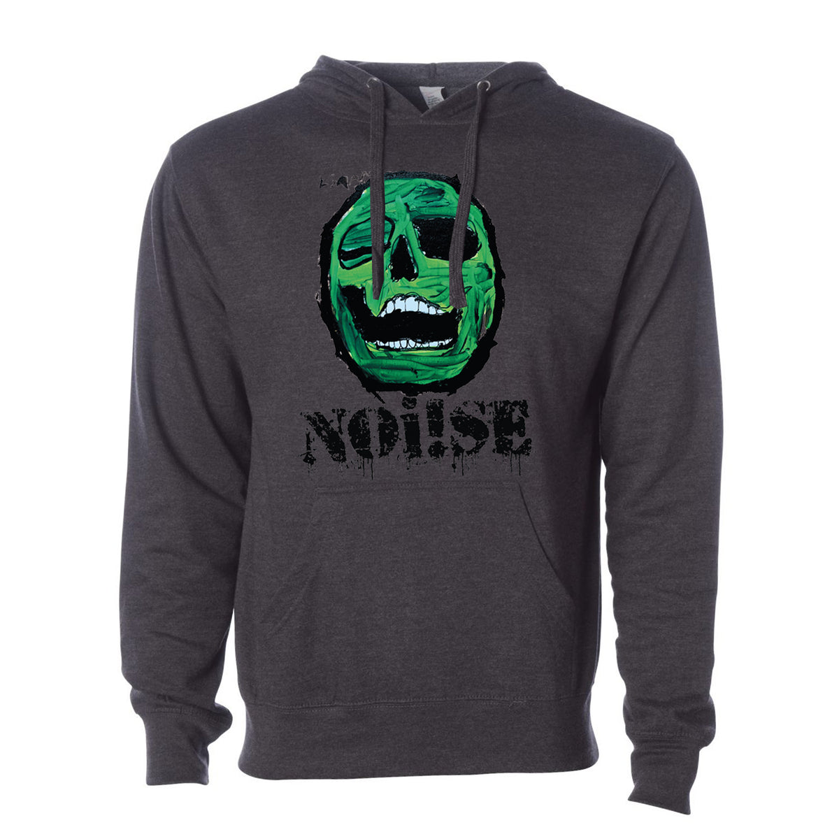 A dark gray Independent #4500 hoodie by NOi!SE featuring a large green mask graphic with exaggerated features and &quot;NOISE&quot; in distressed text beneath—perfect for band merch fans.