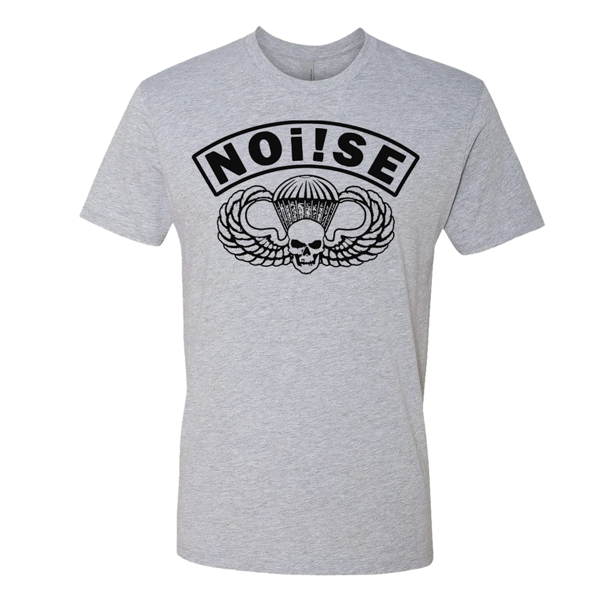 The NOi!SE unisex heather grey Parachute T-shirt features a bold black winged skull and parachute graphic with NOi!SE in uppercase, printed on soft Next Level 3600 fabric.