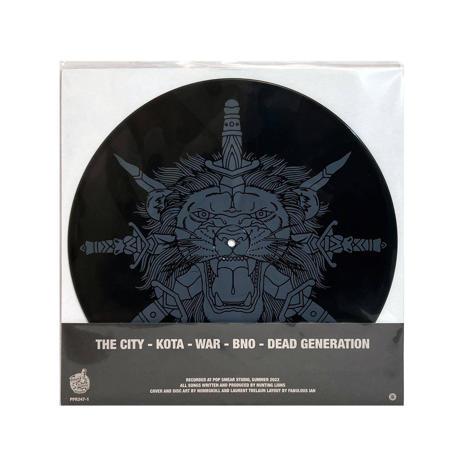 Hunting Lions vinyl record in a clear sleeve, featuring roaring lion artwork with tribal patterns and swords. Includes tracks: THE CITY, KOTA, WAR, BNO, DEAD GENERATION. Perfect for San Francisco Bay Area punk rock collectors.