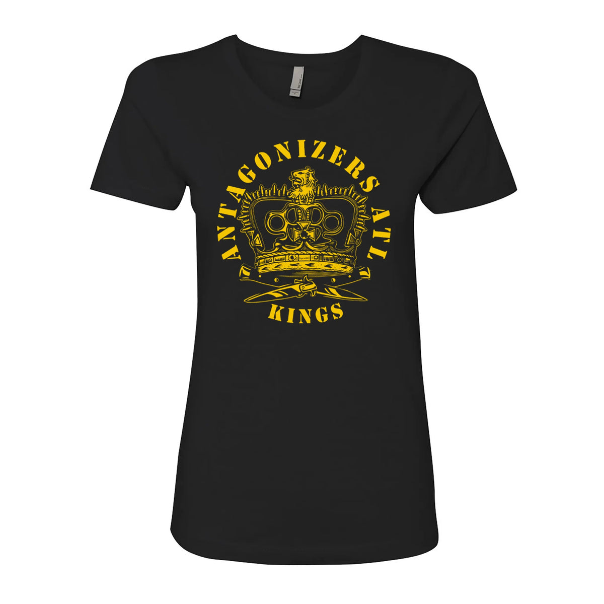 Black fitted T-shirt by Antagonizers ATL, crafted on a Next Level 3900, with a bold yellow crown and “ANTAGONIZERS ATL KINGS” circling the graphic.