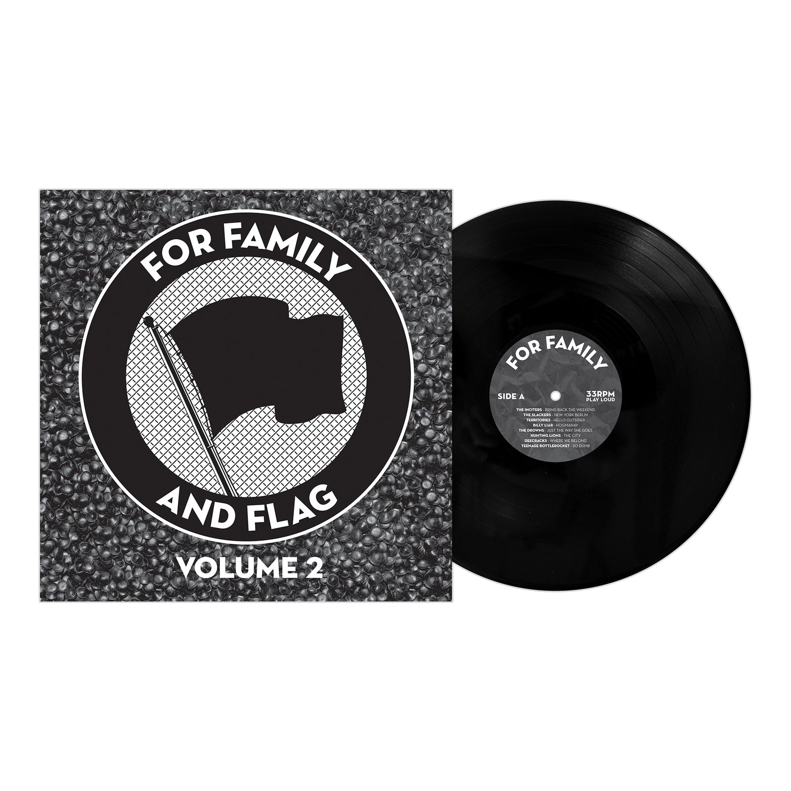 A black vinyl record slides from its cover, which displays a black and white circular emblem with a flag and the text For Family and Flag Volume 2. This release by Pirates Press Records spotlights flagship artists on a textured background.