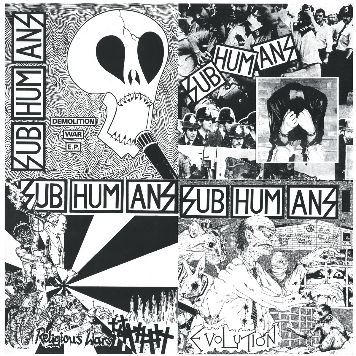 A collage of four black-and-white UK Anarcho-Punk album covers from the Subhumans brand, featuring a skull, distorted faces, protest scenes, chaotic imagery, and bold “SUBHUMANS” text alongside various punk album titles.