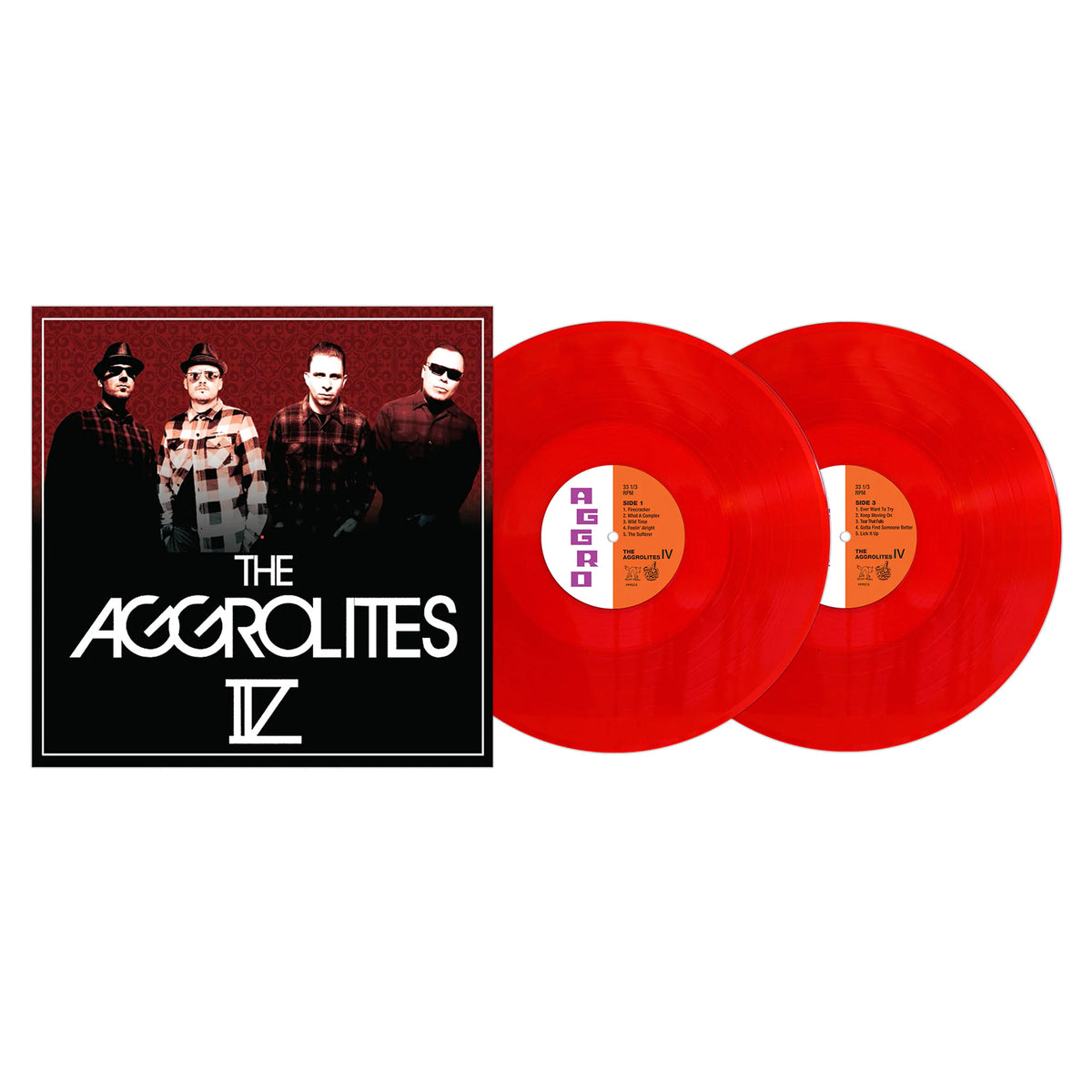 Album cover for The Aggrolites IV shows four men in plaid shirts and hats, with two bright red vinyl records featuring orange center labels on a white background.