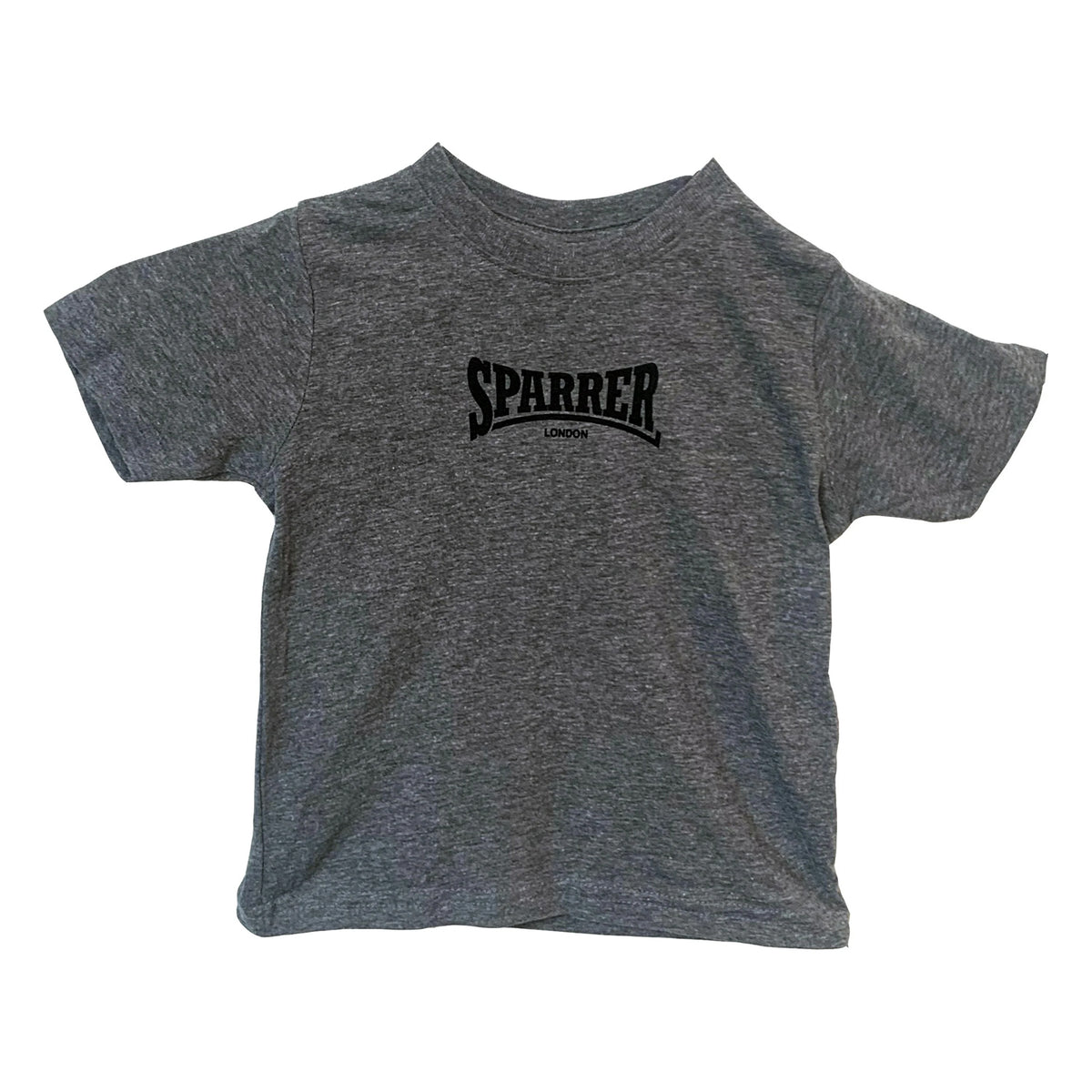 A gray Cock Sparrer toddler short-sleeve T-shirt featuring &quot;SPARRER&quot; in bold black letters on the chest, inspired by classic London design. The shirt is displayed flat on a white background.