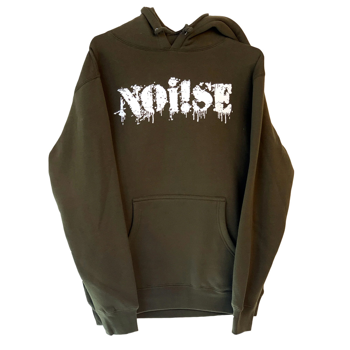 A dark green Independent IND4000 hoodie with a front pocket features NOi!SE in large, white, paint-drip style letters across the chest.