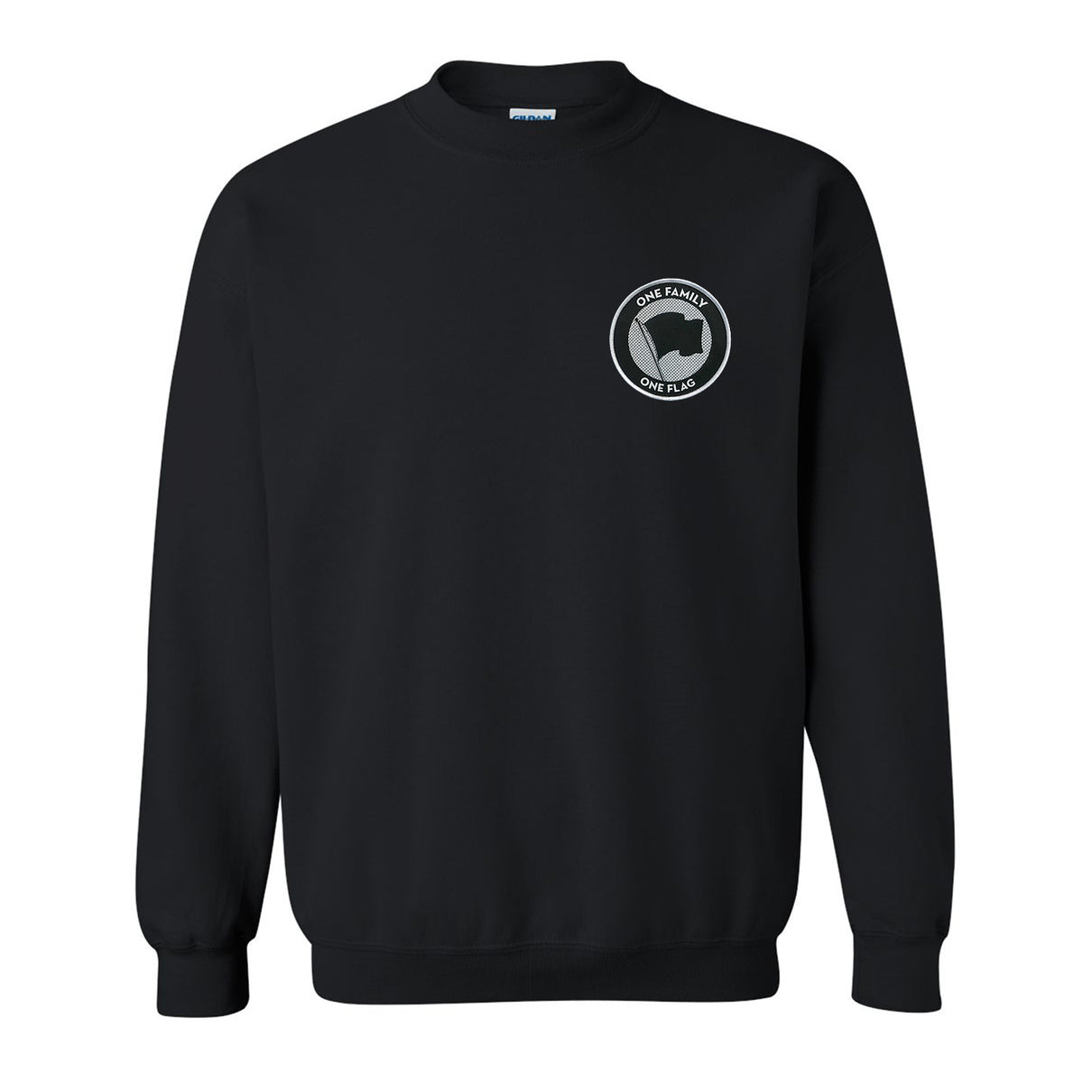 Pirates Press Records black crewneck sweatshirt featuring a small circular graphic on the upper left chest with a raised fist and &quot;ONE FAMILY, ONE FLAG&quot; in white text around it.
